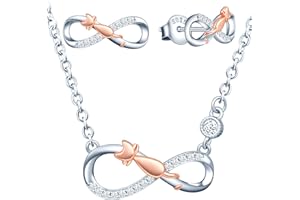 INFINIONLY Women's girl's Necklace Pendant and Earrings Studs, 925 silver Jewellery-sets, Cute rose gold cat jumping on the silver infinity symbol, Double color plating process, Inlaid zircon