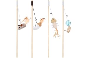 YSQEVN Giochi con Piume per Gatti 4Pcs Interattivi Giocattolo per Gatti con Campana Bacchette per Gatti Teaser di Piume di Ricambio per Gattino Kitten Indoor
