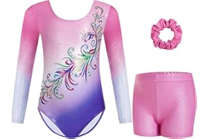 Gogokids Dziewczęcy trzyczęściowy zestaw trykotów gimnastycznych z długim rękawem, dziecięce stroje gimnastyczne z gradientowym wzorem cekinów, zawiera trykot, szorty i opaskę do włosów, błyszczący
