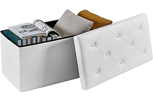 VECELO 76cm Folding Storage Ottoman Bench- Versatile Shoestool & Footstool, Bedroom Bench with Storage, Storage Chest for Living Room, Utility Room, Hallway,Holds up to 200kg, Easy to Assemble, White