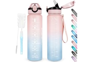 AOHAN Water Bottles 1L BPA Free Sport Drinking Bottle with Straw, Dishwasher Safe Lock Cover Leakproof Motivational Water Bottle with Time Markings, Non-Toxic Canteen Bottle (Pink Blue)