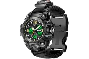 SMILKAT 23-in-1 Survival Military Digital Watch, Mens Tactical Multi-Functional and Adjustable Wristband Outdoors Waterproof Sports Dual Dial Watches with Compass Paracord Band