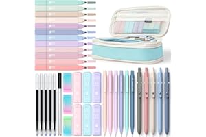Four Candies Lot de 39 fournitures scolaires esthétiques avec jolie trousse à stylos, 12 surligneurs pastel, 5 stylos à encre gel noire, 6 porte-mines de 0,5 et 0,7 mm pour étudiants (bleu)