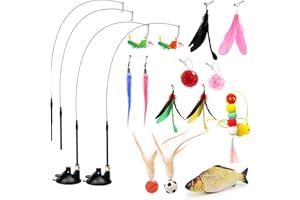 GAOHAN 18 Pcs Cat Toys, Indoor Feather Cat Toy - 4Pcs Poles with 2 Suction Cup, 10Pcs Removable Plush Feather Toys, 2Pcs Bouncy Balls, 1Pcs Doll Fish, and 1Pcs Hanging Plush Ball Toy