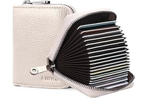 Goopai RFID 20 Card Slots Credit Card Holder Genuine Leather Accordion Card Case Small Wallet for Women or Men with Zipper (Beige)