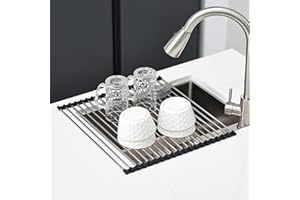 KitchenRaku Scolapiatti da Appoggio 43x40cm | Tappetino Pieghevole per il Lavandino in Cucina | Acciaio Inox 304 | Scolapiatti per il Lavello della Cucina (per Tazze, Frutta e Verdura), Nero