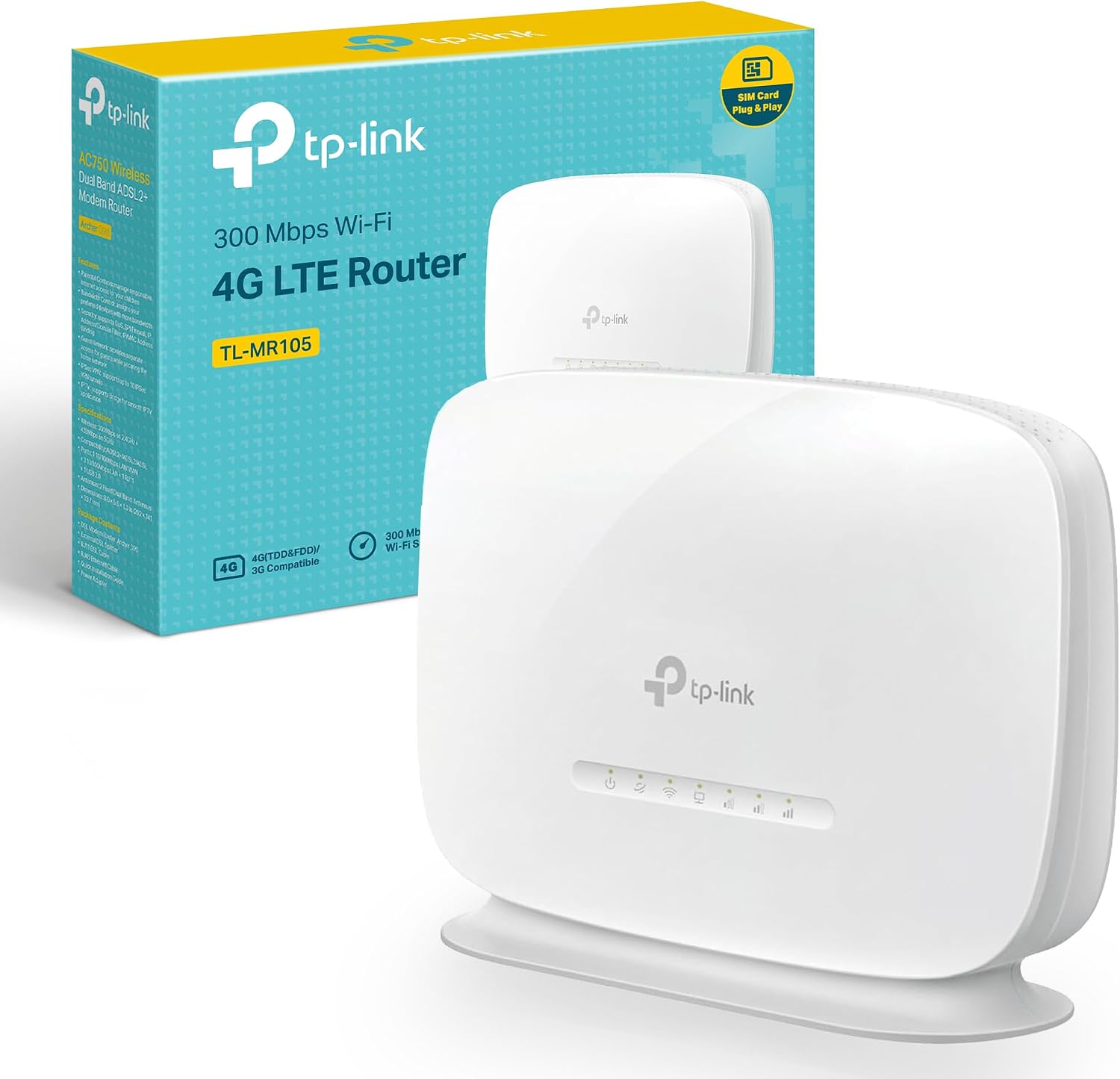 TP-Link TL-MR105 4G LTE WiFi Router, 4G Router, Plug&Play, SIM Card Slot, 2 LAN/WAN Ports for Ethernet Cable, Up to 32 Devices, Parental Controls, Guest Network, Home/Remote, 300Mbps Wireless