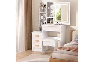 HSHDUTI Toaletka z oświetleniem LED, z regulowaną jasnością, przesuwna, z lustrem i stołkiem, z 4 szufladami, 7 półkami, komoda, biurko do makijażu, biała