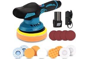 zerotop Pulidora Coche, Máquina de Pulir Máquina Pulidora Inalámbricas Pulidora de Coches Pulidora Orbital, 150mm Kit de Esponja de Pulido, 6 Velocidades Variables, para Coche Muebles Motocicletas