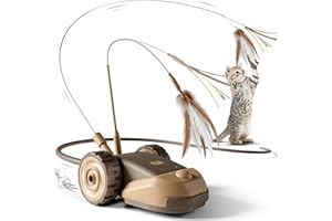 Casfuy Interaktywna zabawka dla kota 3 w 1 – 2-biegowa zabawka dla kotów, elektryczna samoobsługa, z 2 wiszącymi piórami i silikonowym ogonem myszy, do użytku wewnątrz i na zewnątrz