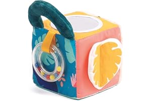 LUDI - Cube D'Éveil Jungle En Tissu Doux - Jouets D'Éveil Bébé - Dès 3 Mois - Développe Le Toucher, La Motricité Fine & Le Bien-Être - Nombreuses Textures & Activités - Motif Feuilles