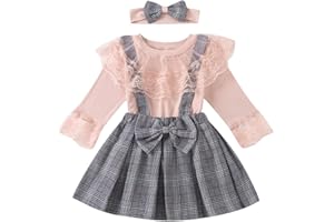 VERVE JELLY Toddler Neonate Reggicalze Gonna Set Camicia a Maniche Lunghe in Pizzo Top + Gonna Scozzese Scozzese + Fascia per Capelli 3 Pezzi Abiti Autunno Inverno