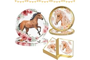 OMZSXK Pferde Partygeschirr, Pferde Party Geschirr Kindergeburtstag, Pferd Geburtstag Pappteller Servietten Papiergeschirr 16 Gäste, Pferde Geburtstagsdeko für Jungen Mädchen Party Deko (Pferd/16)