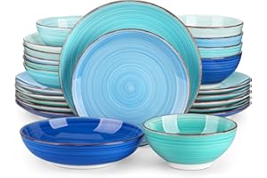 vancasso Bonita Blue Dinner Set, 24-Piece Dinner Sets for 6 People, Handpainted Swirls Plates and Bowls Set in Modern Style, Include Dinner Plates, Dessert Plates, Pasta Bowls and Cereal Bowl