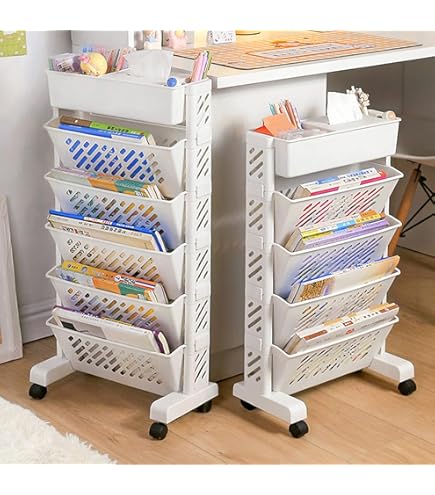 5-stöckiger Bücherwagen Mit Schubladen - Mobiler Regalwagen Mit Bremsbaren Rädern