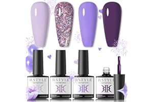 RSTYLE Smalto Semipermanente, 4PCS Smalti Semipermanenti per Unghie Glitter Rosso Nude Shellac Gel Unghie UV/LED Kit Nail Polish Manicure 6ML viola
