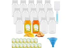 CoKeeSun 15pcs Botellitas Pequeñas para Rellenar, 250ml Mini Botellas de Plástico Reutilizables con Tapas, Botellas de Jugo de Plástico Transparentes con Embudo, Pincel, Etiquetas, para Zumos, Bebidas