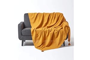 HOMESCAPES Copriletto o copridivano 100% cotone tessuto a mano - Rajput - Giallo senape - 150 x 200 cm