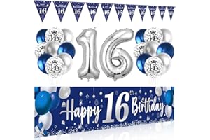 BLUELVES 16 Geburtstag Deko für Jungen und Mädchen - Happy Birthday Banner Blau Silber, Luftballons, Wimpel Girlande, Hintergrund Ballons Marineblau Silber für Party Dekoration