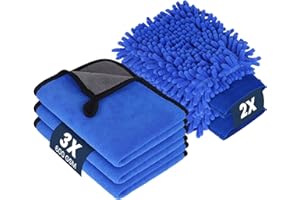 flintronic Juego de 5 Piezas Bayeta Microfibra, 2 Piezas Manoplas de Secado Lavado, 3 Paños De Microfibra para Coche, Kit Limpieza Coche, para el Lavado, Desempaña, Secado y Pulido, Azul