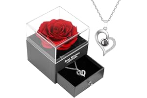 WSRYX Eternal Real Rose Flower with Box, Forever Romantic Rose Present for Girlfriend Mum on Birthday Valentine's Day Mother's Day Wedding for Her with Love You Necklace 100 Languages (red)
