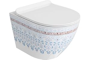Lavita WC mural Sofi Slim Folklor,WC suspendu,Couvercle de toilette avec système d'abaissement automatique et charnières métalliques,Toilettes suspendues sans bord,Cuvette de toilette,365 x