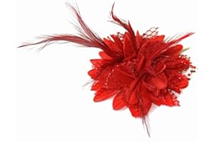 CAPRILITE Flower Feaather Bead Corsage Hair Clips Fascinator Hairband and Pin (Red)