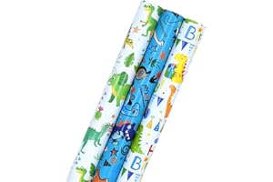 DOJOYKEY 3 Rotoli di Carta da Regalo con Dinosauro, 43 cm x 3 m Carta da Regalo Riciclabile per Bambini per Decorazioni Festive per Feste di Compleanno Baby Shower