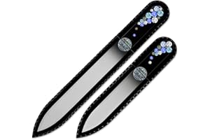Mont Bleu Lot de 2 limes à ongles en verre, décorée à la main d’éléments Swarovski, pochette en velours noir | Véritable verre trempé tchèque, garantie à vie, Lime à ongles fait main en cristal