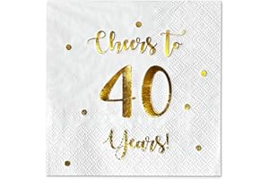 HAPPY PALACE Cheers to 40 Years Cocktail Napkins | Birthday Decorations for Men & Women & Wedding Anniversary | 50 Pack 3-Ply Napkins | 5x5 Inch Folded (White)