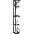 Ganeed LED Modern Shelf Floor Lamp, 3 Tiered Display & Storage Shelves Floor Lamps for Living Room Bedroom Office, Asian Wooden Frame Standing Lamps Flower Wood Grain Linen Lampshade Floor Light