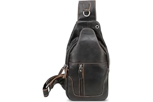 DEEVORCA Vintage Uomo Zaino Monospalla Leggero Vera Pelle Borsa sul Pettocon Foro per Gli Auricolari Borsa a Tracolla Viaggio Quotidiano Shopping Casuale Uomo Sacchetto del Messaggero Nero