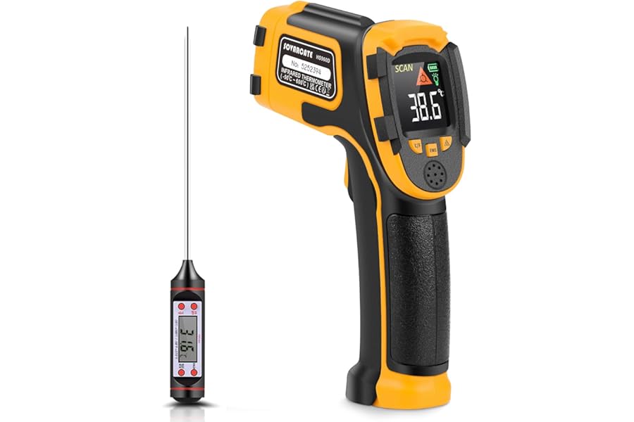 Infrared Thermometer -58℉～1112℉(-50℃～600℃) Non-Contact Laser Temperature Gun Digital Adjustable Emissivity IR Temp Gun - for Cooking, BBQ, Food, Fridge, Pizza Oven, Engine - Meat Thermometer Included
