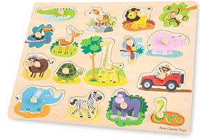New Classic Toys 10441 Peg Puzzle Safari 16 Pieces FSC 100% Certified Wood, 402 x 303 x 20mm, Neutral Shades of Green, Brown, and Beige