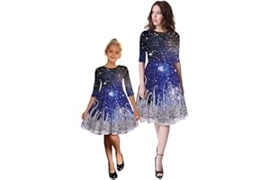 IMEKIS Mutter Tochter Weihnachtskleid Prinzessin Weihnachtsmütze Geschenk Druck Weihnachtskostüm Eltern Kind Familie Passendes Outfit Frauen Mädchen A Linie Swing Partykleid