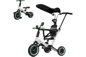 Bronea® 5-in-1 Dreirad ab 1 Jahr mit Schubstange | Wächst mit Ihrem Kind vom Kinderdreirad bis Laufrad | Mit Gurt, Dach & Zubehör wie Getränkehalter, Spiegel, Klingel (Schwarz/Weiss)