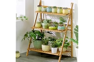 unho Étagère Plantes Intérieur Bambou, Support Plantes Intérieur Extérieur Pliable Porte Plante Intérieur Étagere Échelle Polyvalent de 3 Niveaux Idéal pour Jardin Terrasse Balcon - 70 x 38 x 97cm