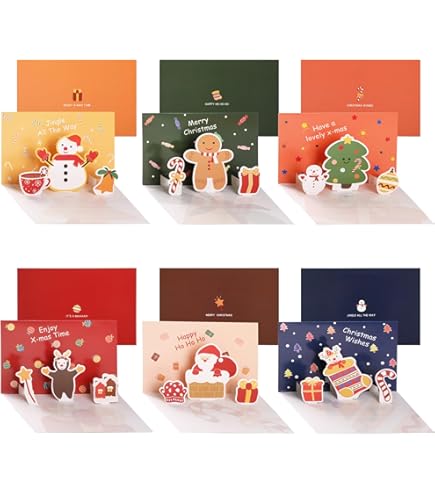 Faccito 6 Pack Kerstkaarten 3D pop-up met enveloppen en stickers grappige vrolijke kerstkaarten handgemaakte vakantie wenskaart kerstboom kerstman sneeuwpop rendier kerstkaarten voor Kerstmis