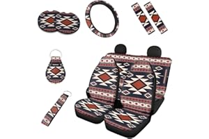 Kuiaobaty Juego completo de 10 fundas de asiento de coche étnico azteca para hombre, diseño de rayas tribales bohemias, accesorios interiores de automóviles, 2 llaveros
