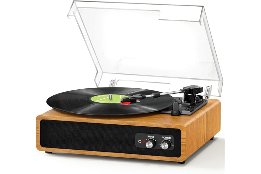 FYDEE Record Player, Dual-Way Bluetooth Vinyl Player Driven by Belt 3 Speed, Vinyl Record Player with Built-In 2 Stereo Speakers, Portable Retro Turntable Supports RCA Output, AUX Input - Light Wood