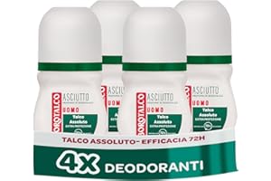 Borotalco Deodorante Uomo Roll-On Asciutto con Talco Assoluto, Senza Alcool, 72h Efficacia - 4 Pezzi da 50 ml