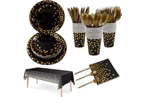 MACLUNAR 141 pcs Assiette Jetable Anniversaire,Or noir Vaisselle Jetable Set Decoration Anniversaire,Assiette Gobelets Cuillère Fourchette Serviettes en Papier Décoration pour 20 Invités