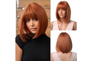 OUFEI Peluca Bob Pelirroja con Flequillo Peluca Recta Corta para Mujer Pelucas de Pelo Sintético para Uso Diario de Fiesta Cosplay