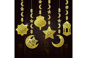 AhfuLife Eid Mubarak Dekoration Girlande,12 Stück Eid Girlande Deko Islamic Gold Stern Mond Laterne Girlande Anhänger Ornamen