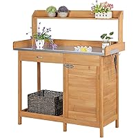 Yaheetech Tavolo Lavoro da Giardino per Piante in Legno Naturale con Ripiano in Metallo Spazioso Cassetto e Armadietto Banco 