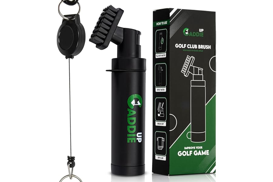 Golf Club Cleaner Brush with Water Spray in Black - Updated Design with Strong all-in-one Brush Head and Improved 75cm Retractable Wire Attachment - Perfect Golf Gifts for Men this Christmas