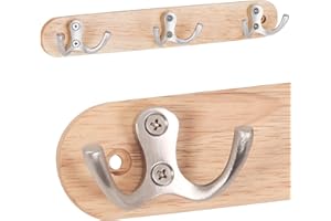 RICOO MH013 drewniany wieszak na ubrania, z 3 haczykami, stal nierdzewna, 27 cm, wieszak ścienny, drewniany hak do wkręcania