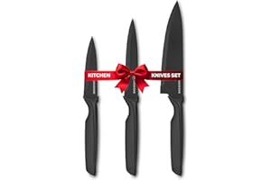 AMUSHOME Professional Kitchen Knife Set for Cooking, 3pcs Stainless Steel Blade Sharp Kitchen Knives Set with Ergonomic Handle, Chef Knife, Utility & Paring with Non Stick Coating & Dishwasher Safe, Black
