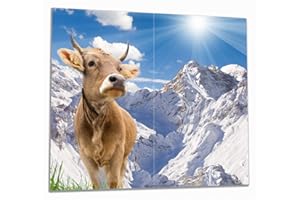 Wallario Herdabdeckplatte/Spritzschutz aus Glas, 2-teilig, 60x52cm, für Ceran- und Induktionsherde, Kuh im Sonnenschein in den Alpen