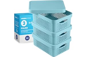 Vieira Home Caja de Almacenamiento Plastico con tapa| Cajoneras 3 unidades Empaquetables y Apilables | Cesta de Almacenamiento con Asas para Baño, Cocina, Salón, Dormitorio - Pack 3 - Hecho en E.U